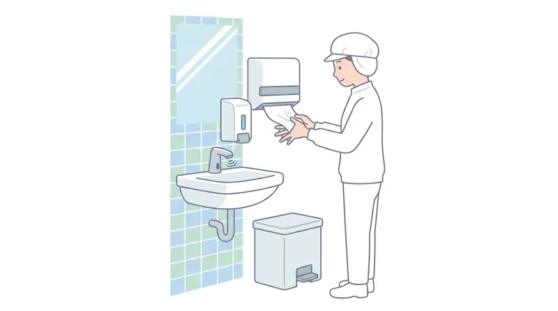 Khi làm công việc xử lý thực phẩm, cách rửa tay đúng sau khi đi vệ sinh là gì?