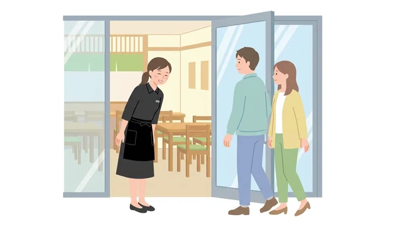 When a customer enters the restaurant, what is the appropriate first greeting?